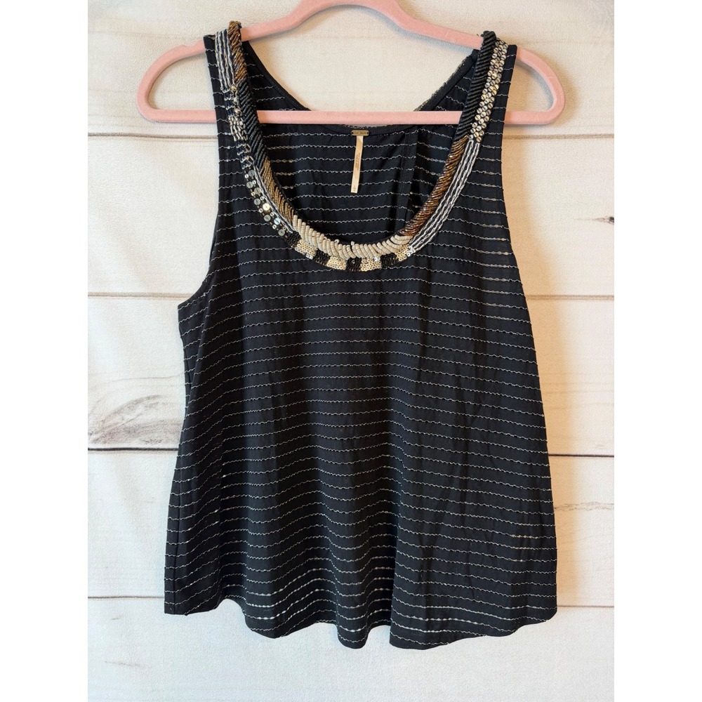 Free People Black Metallic Striped Embellished Sequin Scoop Neck Tank Top Large